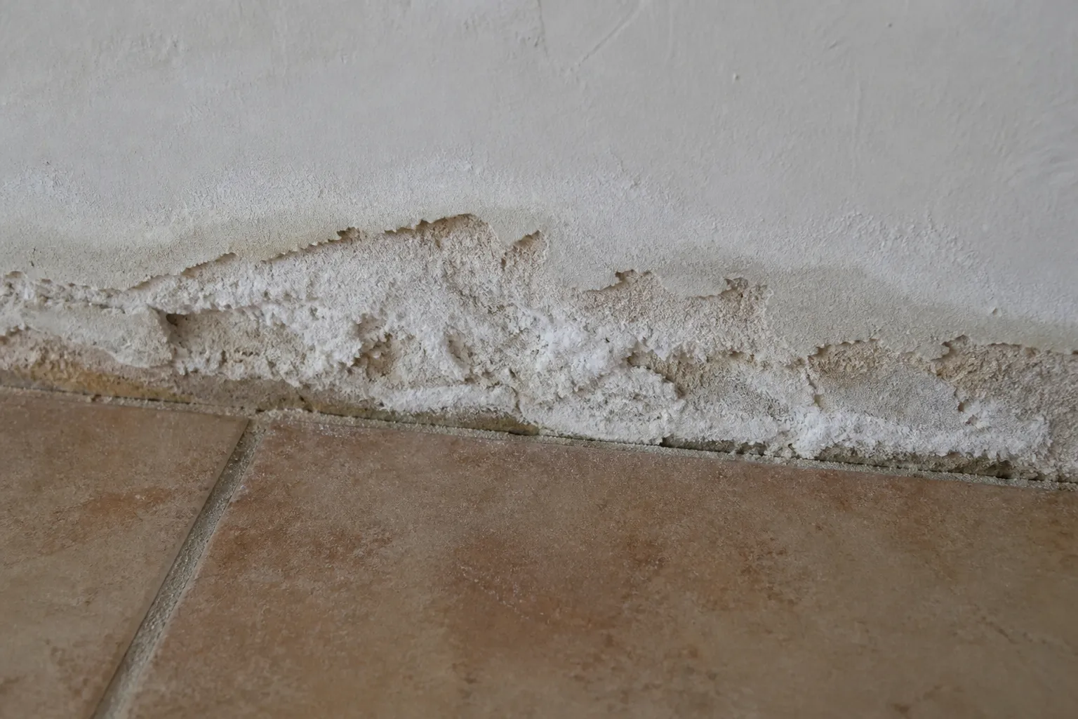 Salpêtre et enduit dégradé en bas d'un mur
