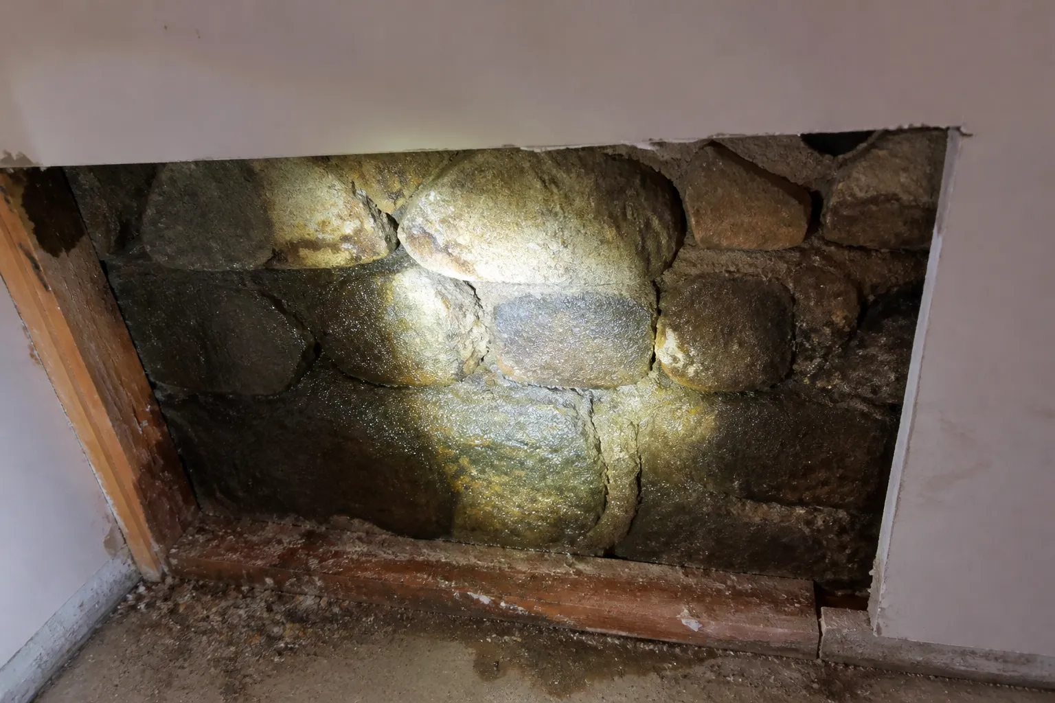 Doublage ouvert révélant un mur humide derrière une plaque de plâtre