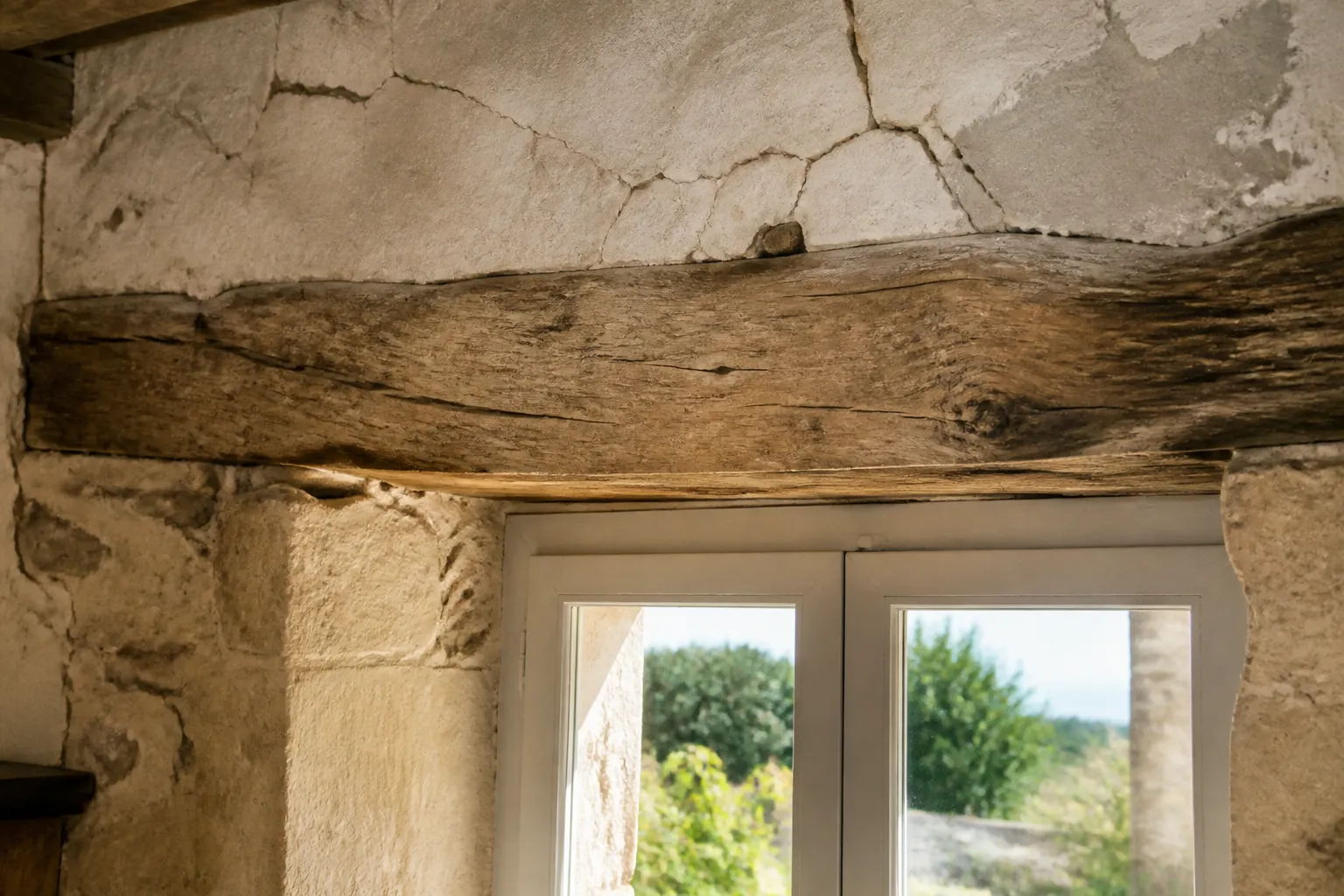 Linteau en bois ancien au-dessus d'une fenêtre dans un mur en pierre