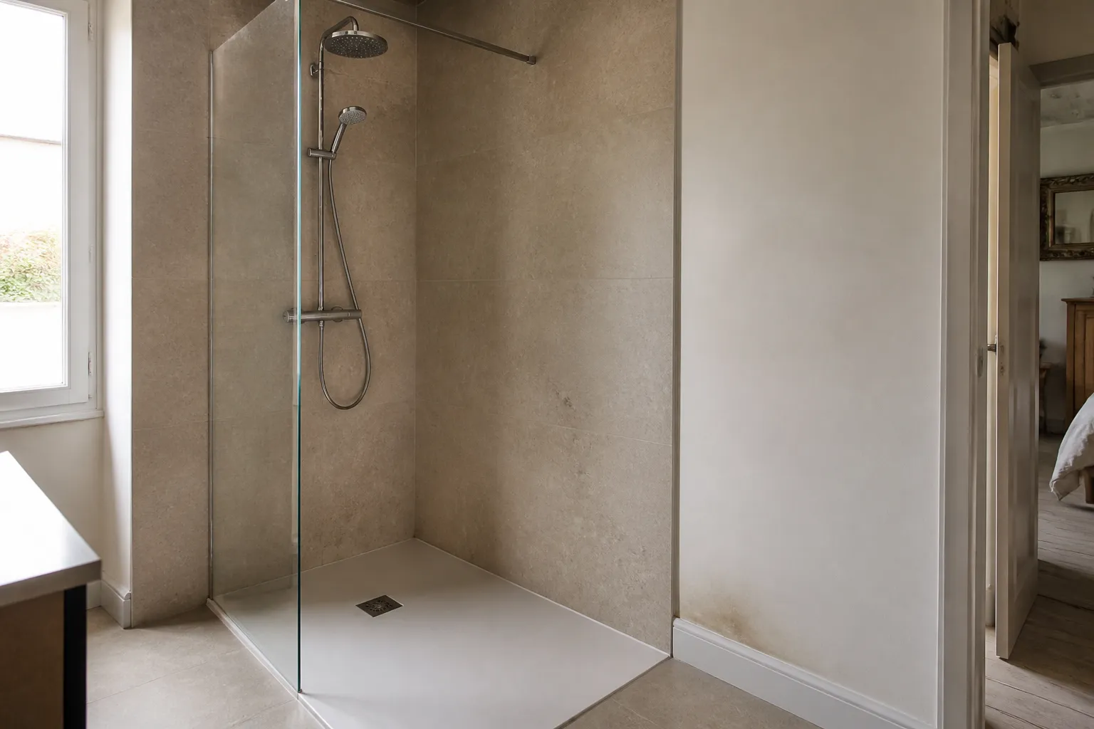 Douche à l'italienne neuve dans une salle de bains rénovée