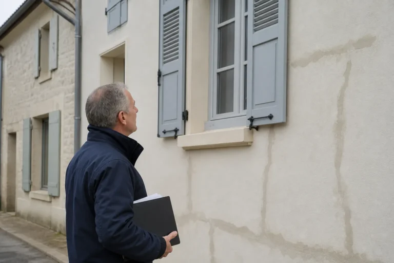 Expert examinant une façade réparée après un sinistre sécheresse