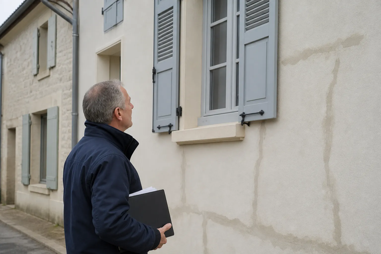 Expert examinant une façade réparée après un sinistre sécheresse