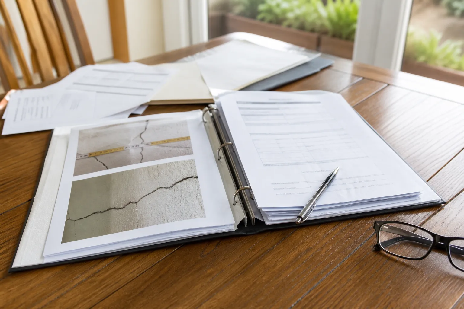 Dossier de sinistre avec rapports et factures sur une table