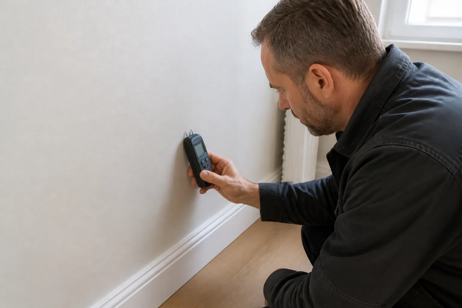 Expert contrôlant l'humidité derrière une finition neuve