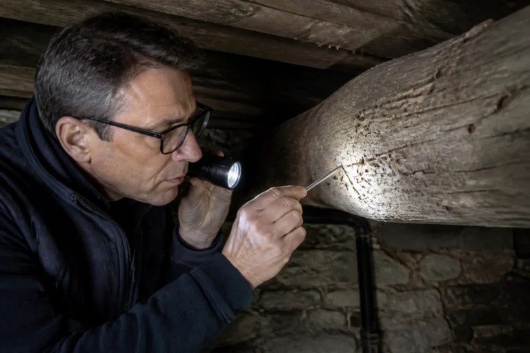 Expert sondant une poutre ancienne attaquée par des insectes dans une maison
