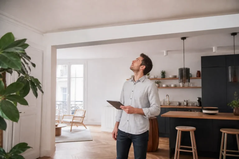 Appartement rénové avec cuisine ouverte et poutre de reprise apparente