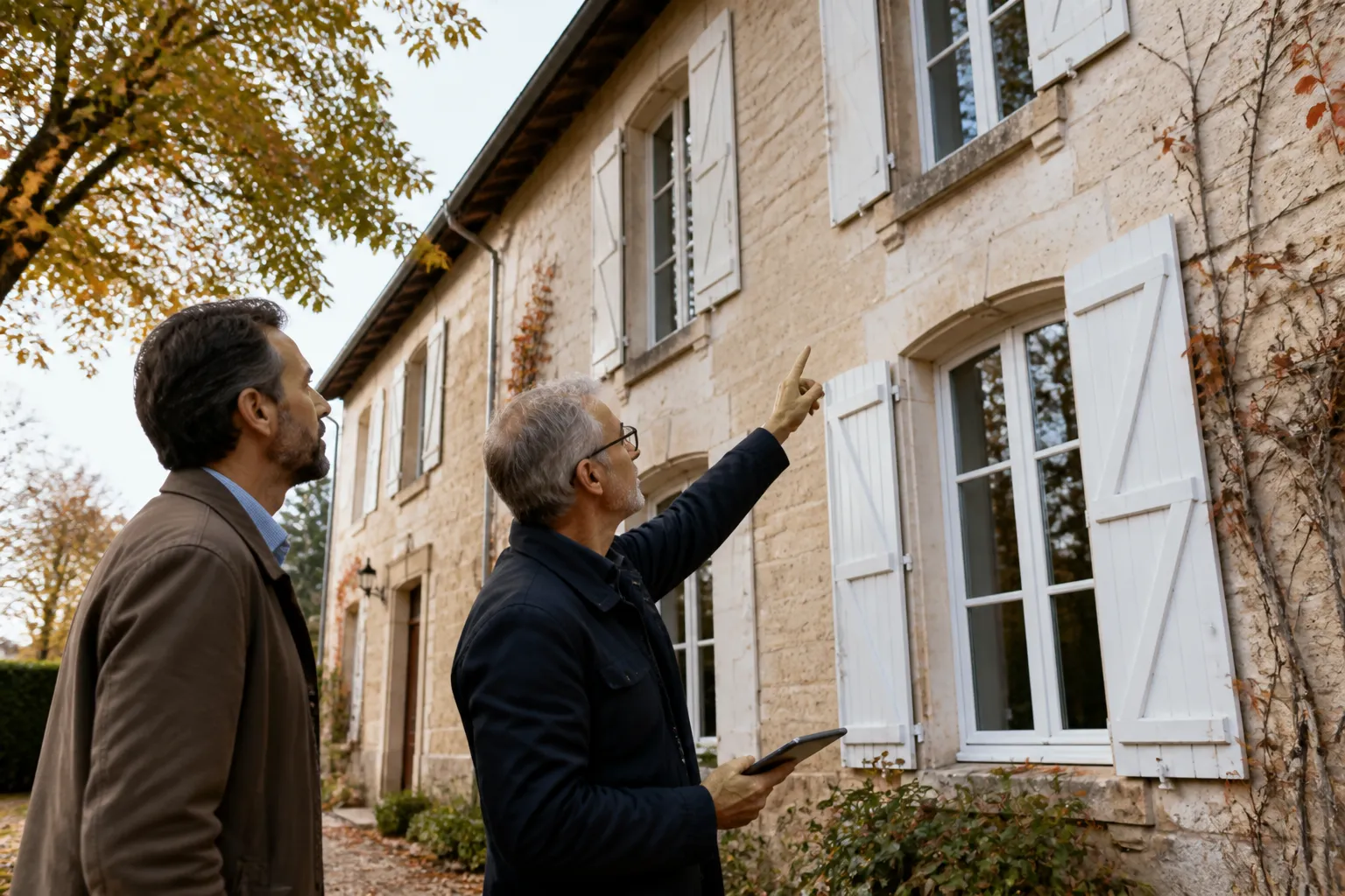 Expert en bâtiment examinant une façade avant achat