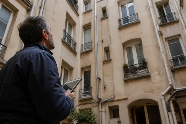 Expert en bâtiment observant la façade d'un immeuble ancien depuis la cour