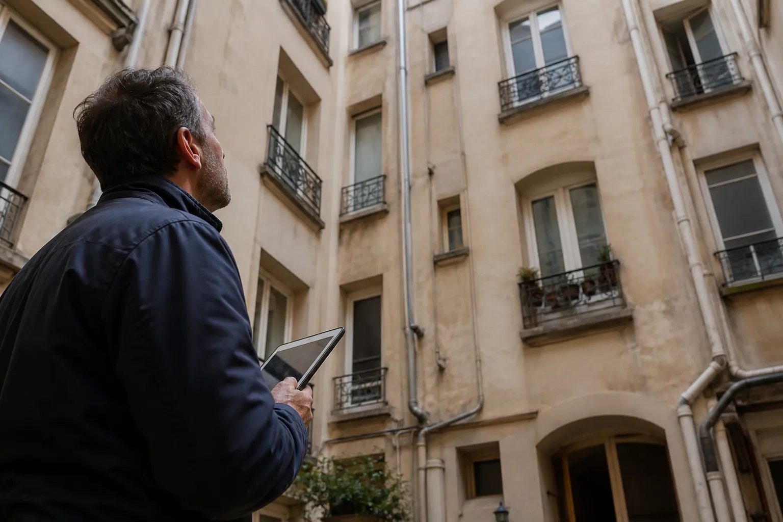 Expert en bâtiment observant la façade d'un immeuble ancien depuis la cour