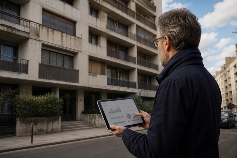 Immeuble de copropriété des années 1970 et documents de plan de travaux
