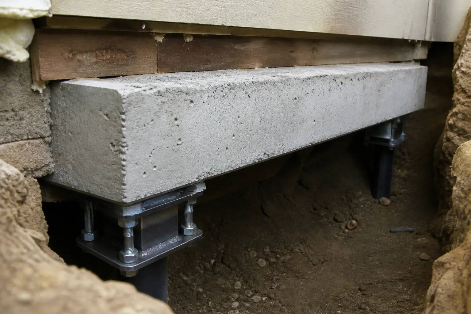 Détail d'une longrine en béton reliant des micropieux sous une maison