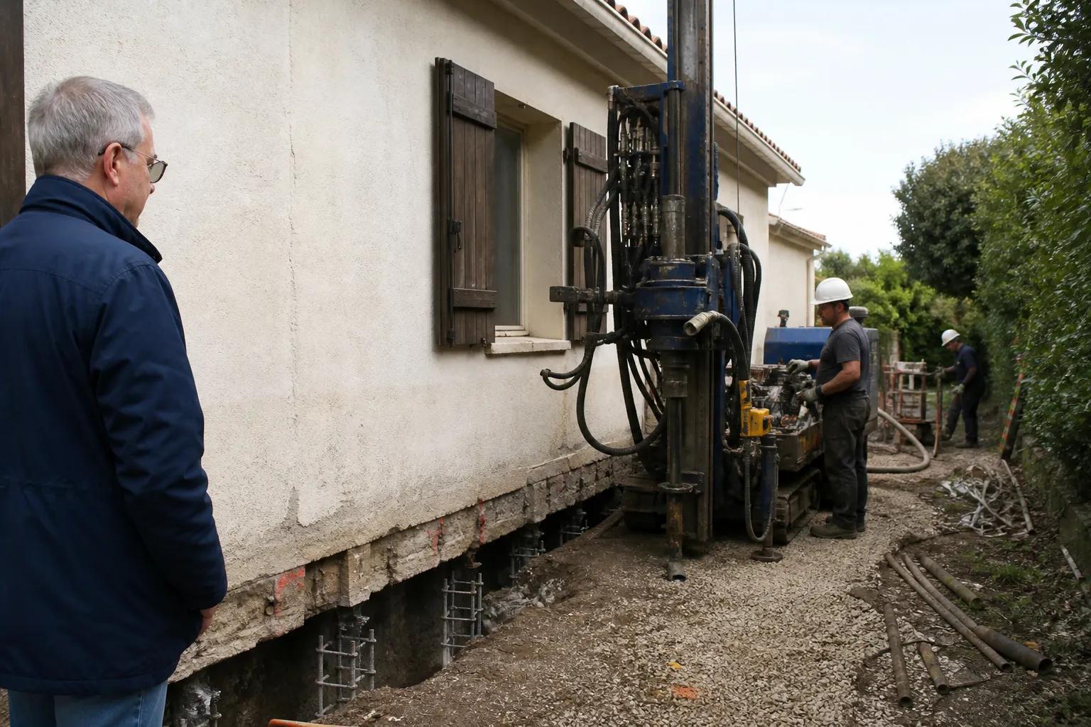 Chantier de reprise en sous-œuvre au pied d'une maison individuelle