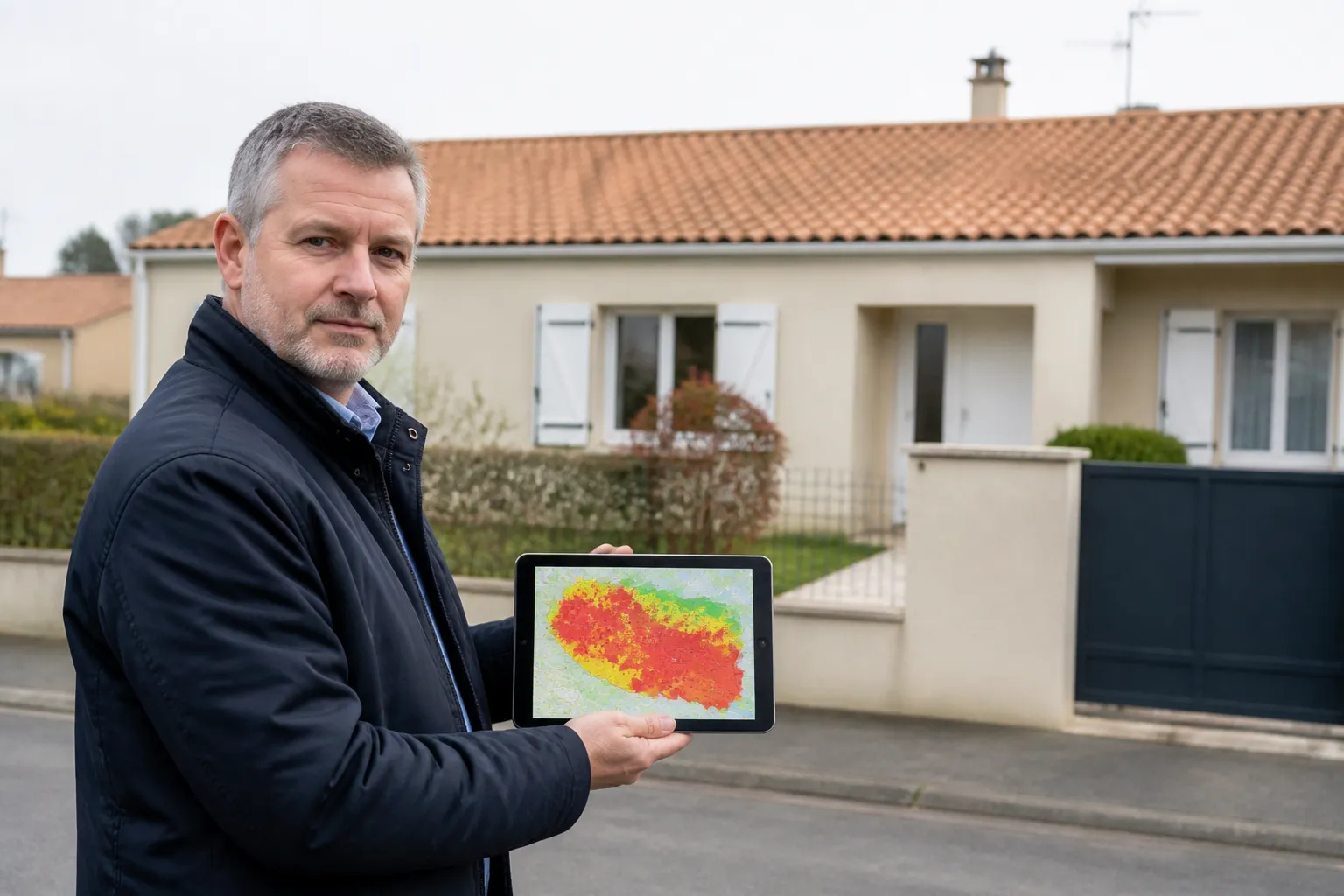 Expert consultant une carte des risques sur tablette devant une maison individuelle