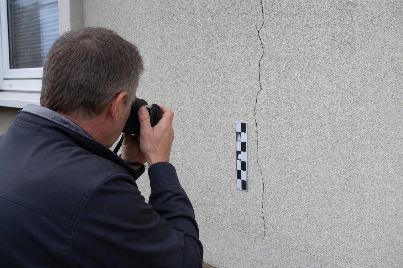 Expert photographiant des fissures pour un constat daté avant une vente