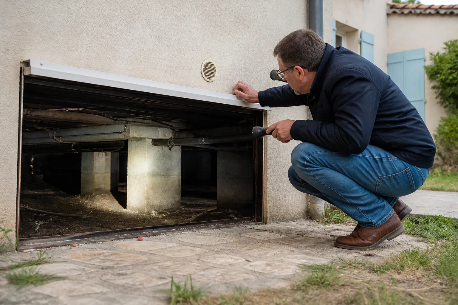 Expert en bâtiment inspectant un vide sanitaire à la lampe torche
