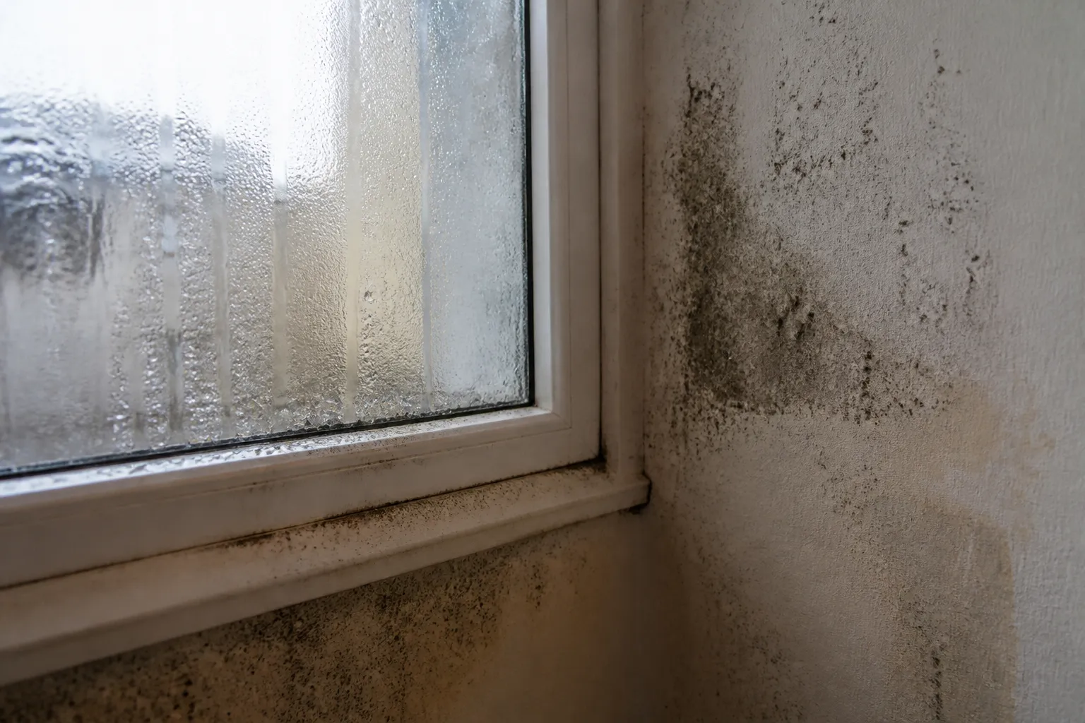 Condensation et moisissures autour d'une petite fenêtre de studio