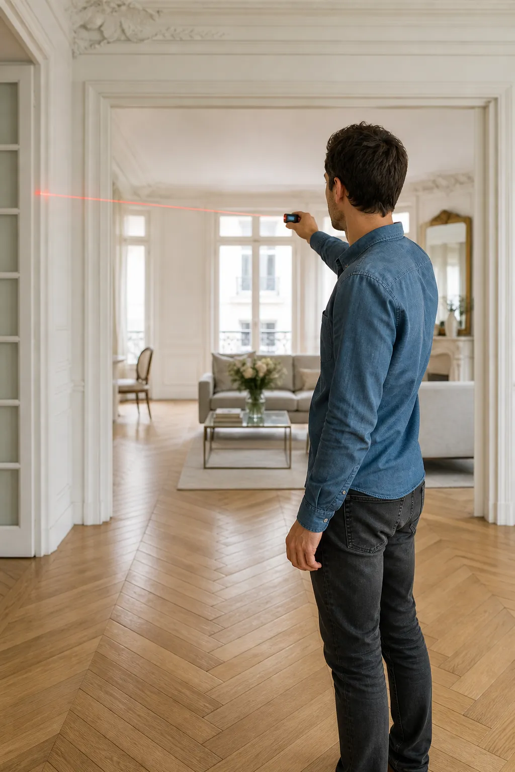 Expert en bâtiment en visite d'un appartement ancien avant achat, mètre laser en main
