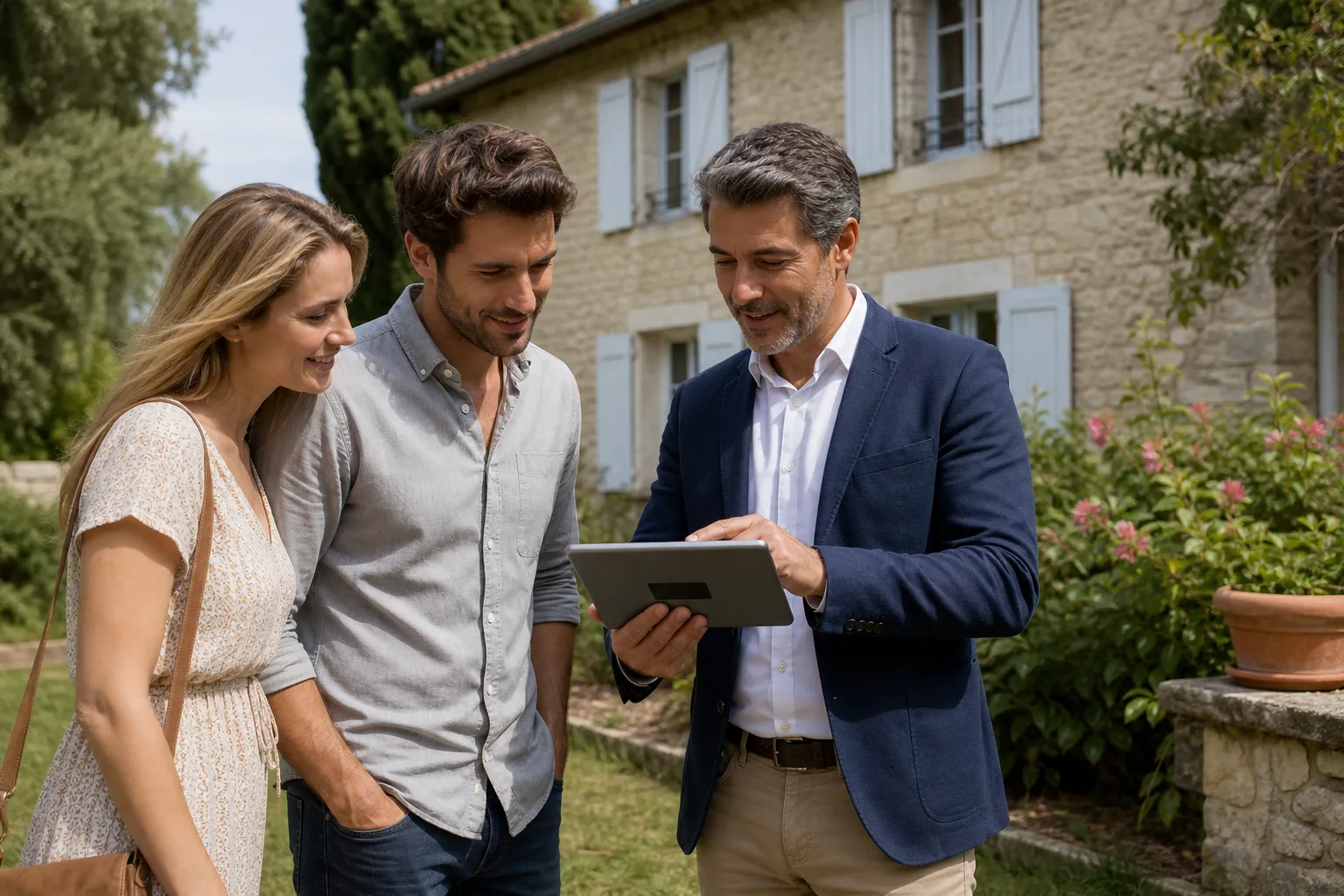 Expert en bâtiment présentant son rapport d'expertise pré-achat à un couple d'acheteurs