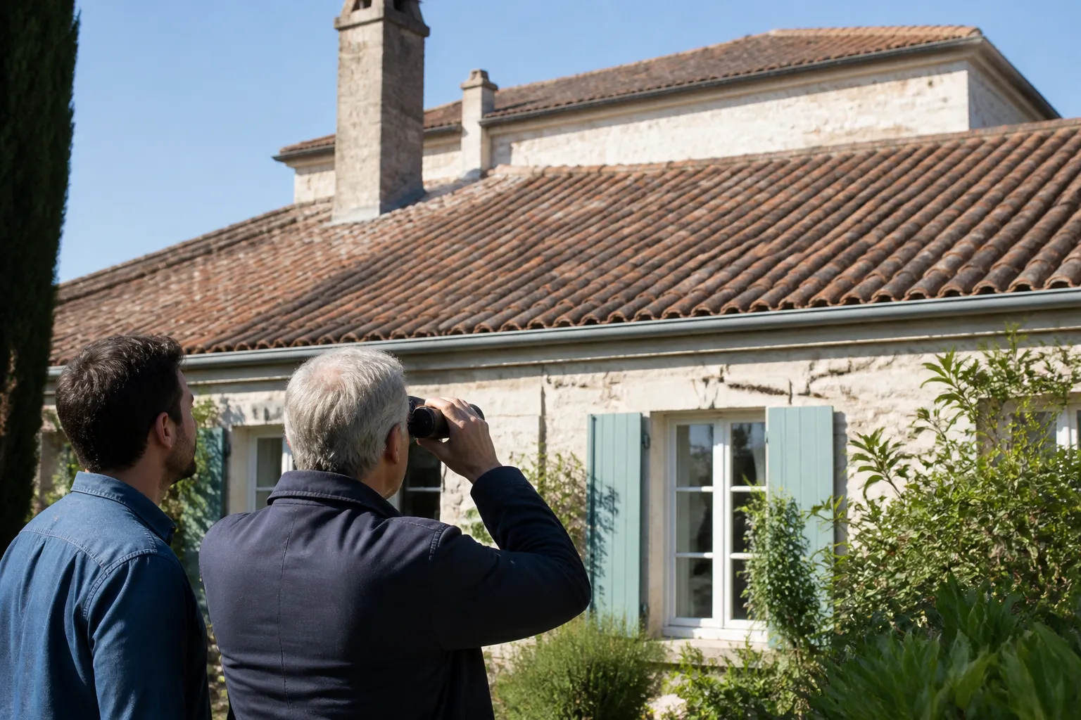 Expert en bâtiment observant la toiture d'une maison avec des jumelles