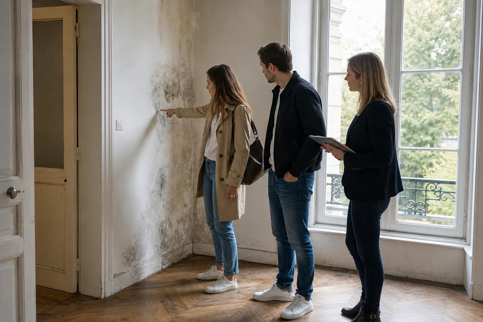 Acheteurs observant une tache d'humidité lors d'une visite immobilière