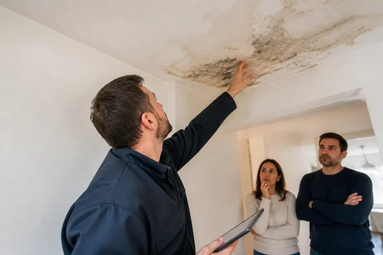 Expert en bâtiment constatant une infiltration dans une maison récemment achetée