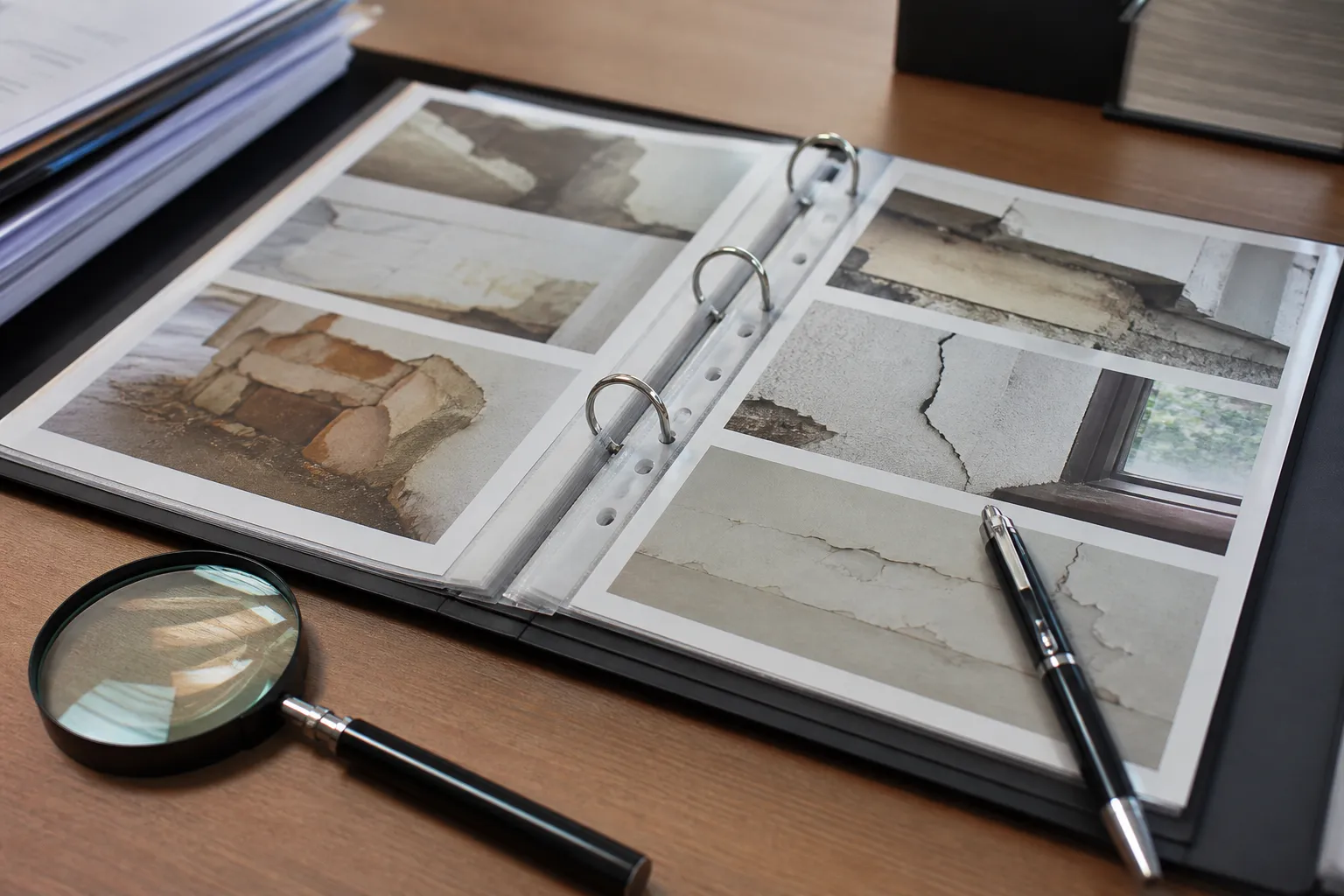Rapport d'expertise et photos de désordres posés sur un bureau